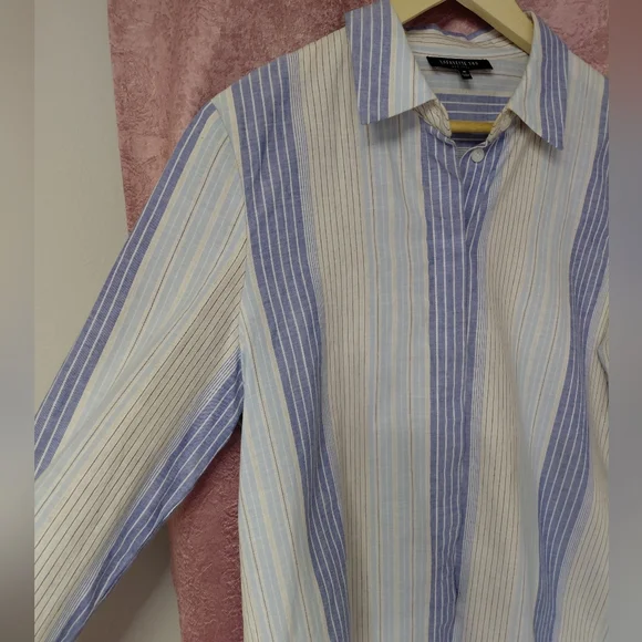 Women's Lafayette 148 NY Blue Ivory Striped Button-Down Shirt Linen Cotton - Picture 3 of 7